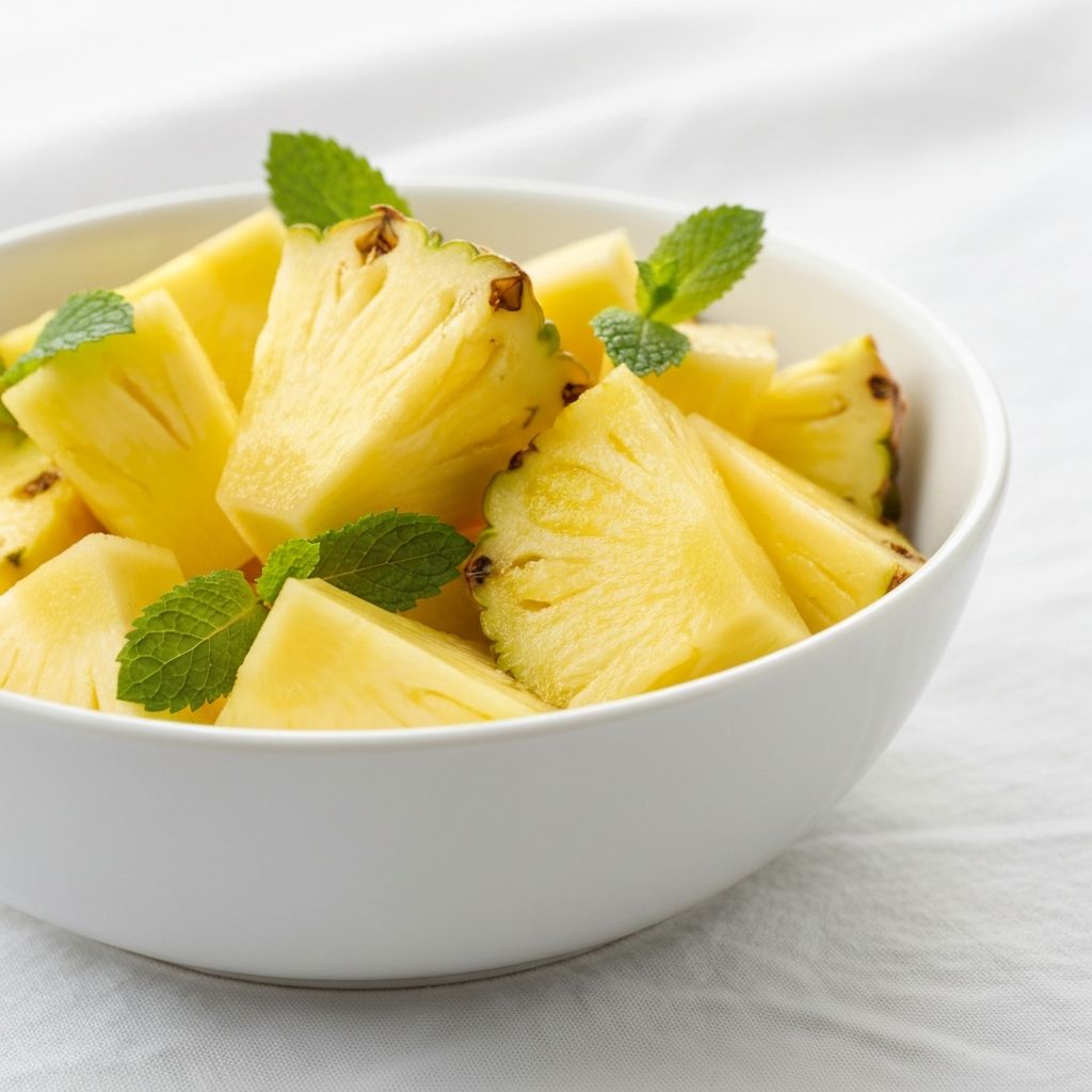Fresh pineapple chunks in white bowl