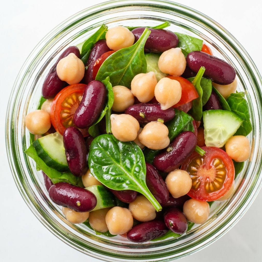 Mixed bean salad in glass jar with vegetables