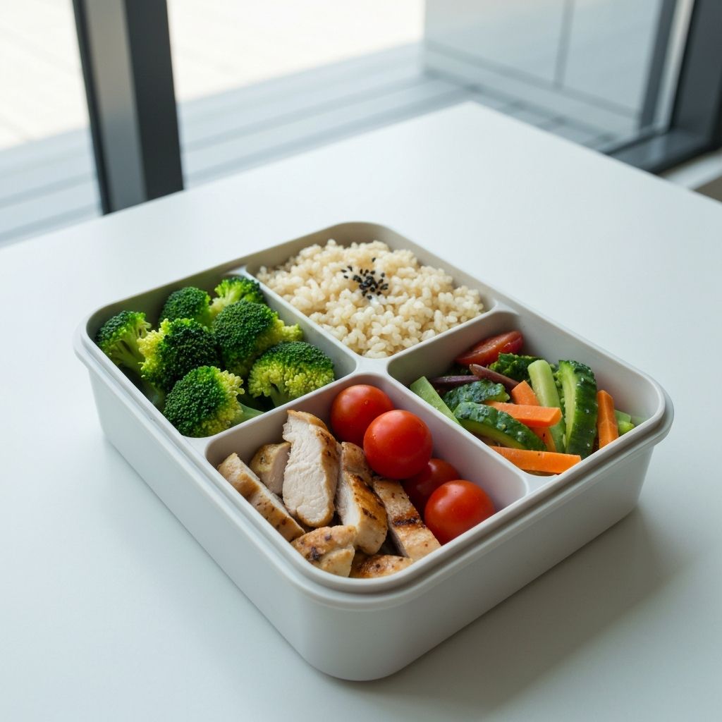 Packed lunch box with vegetables, rice, and protein